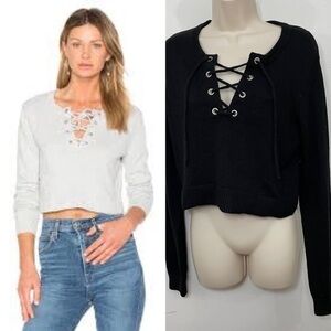AVEC LES FILLES Lace Up Crop Sweater black long sleeves soft boho